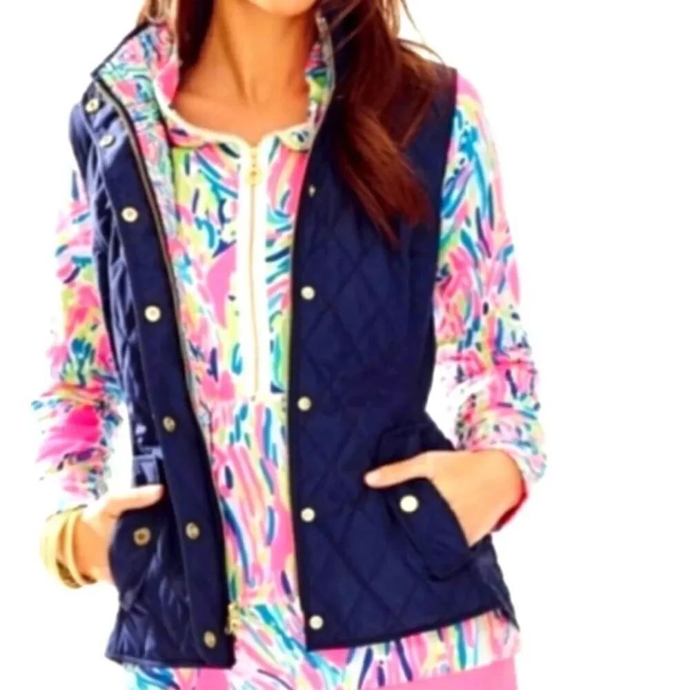 Lilly Pulitzer Blake Quilted Vest in True Navy Gold Snap Zipper Women’s Size XS